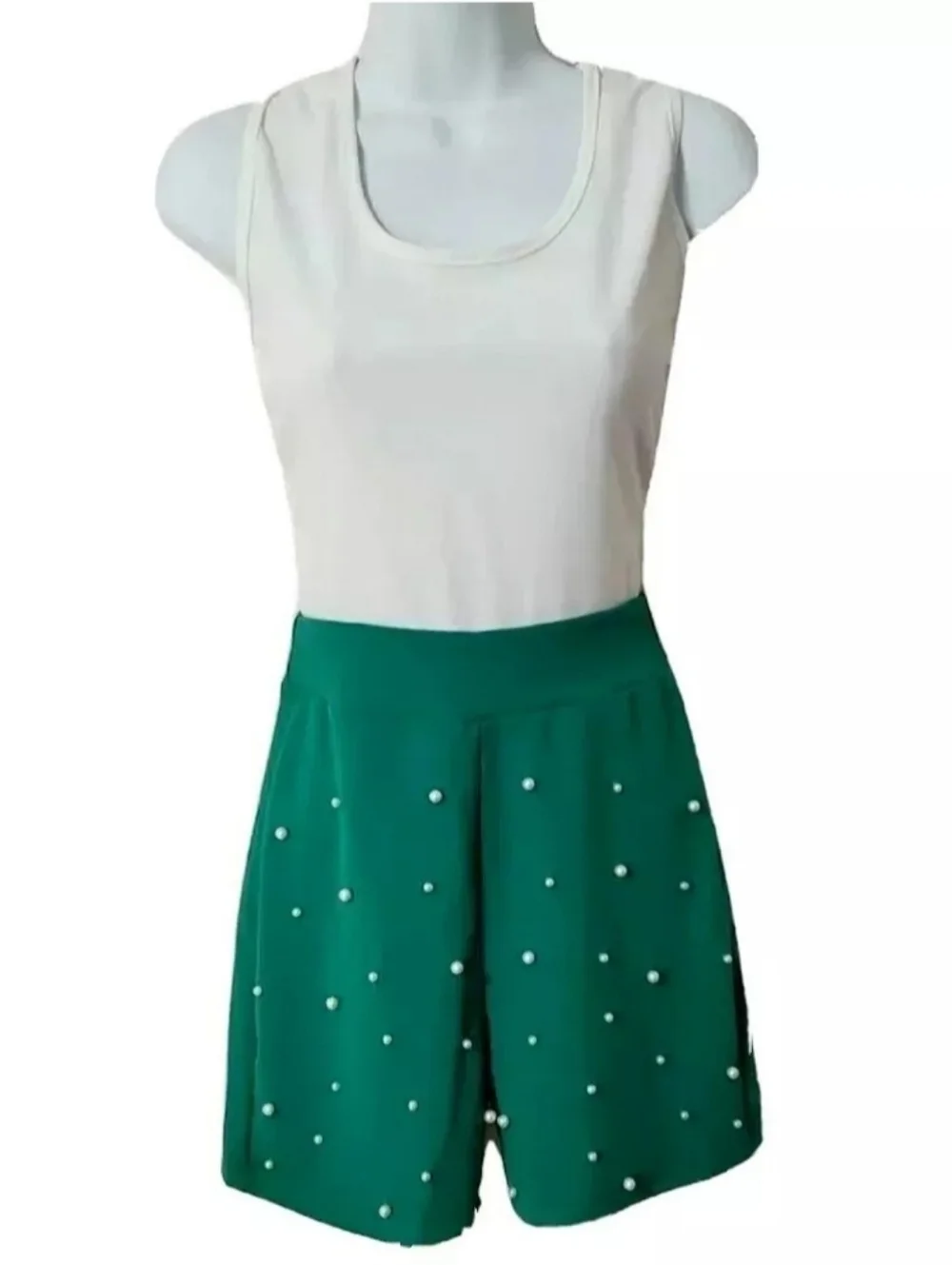 Sleeveless Romper Green White Womens Size Medium With Pearls